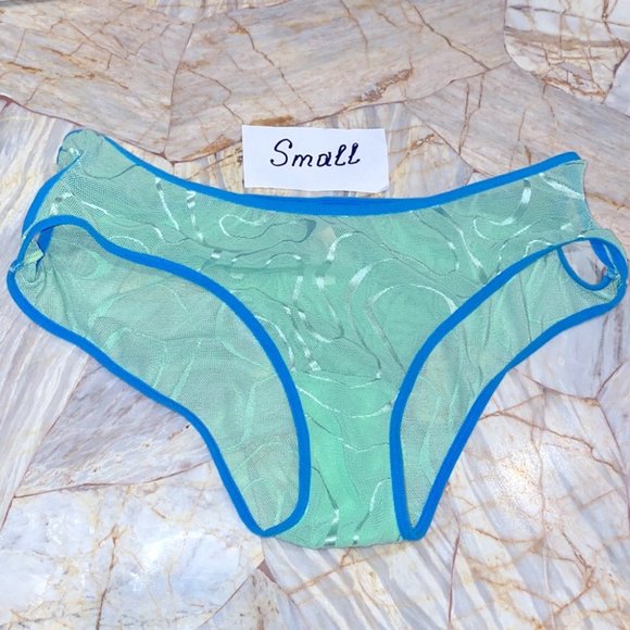 Victoria Secret Vintage Rare Mesh Lace Sheer Green/Blue Bikini Panty Small - Picture 1 of 7
